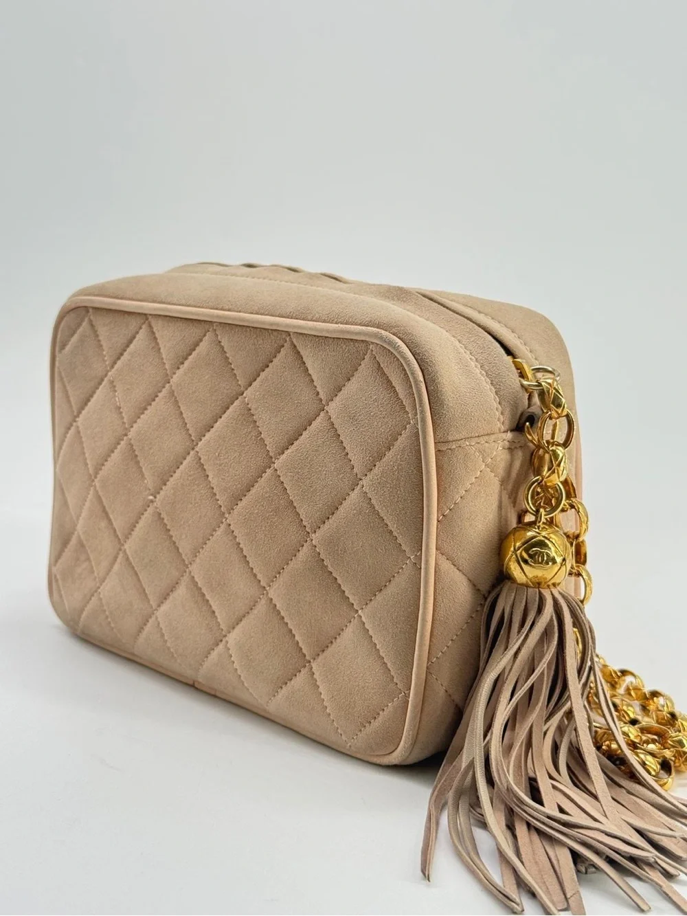 CHANEL Quilted Tassel CC Camera Bag Case In Pink Suede